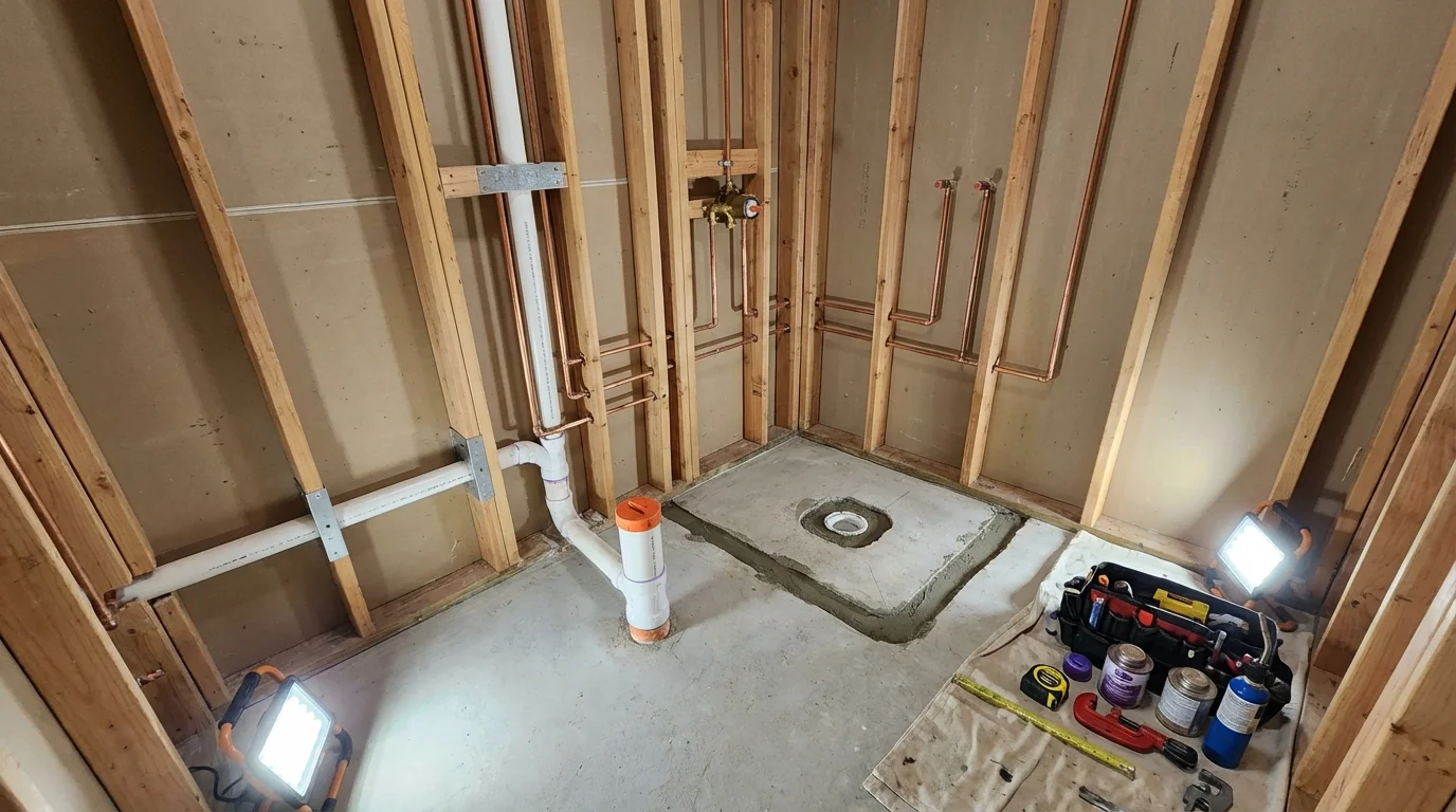 Bathroom rough-in plumbing during remodel by Johns Plumbing LLC in Harvest