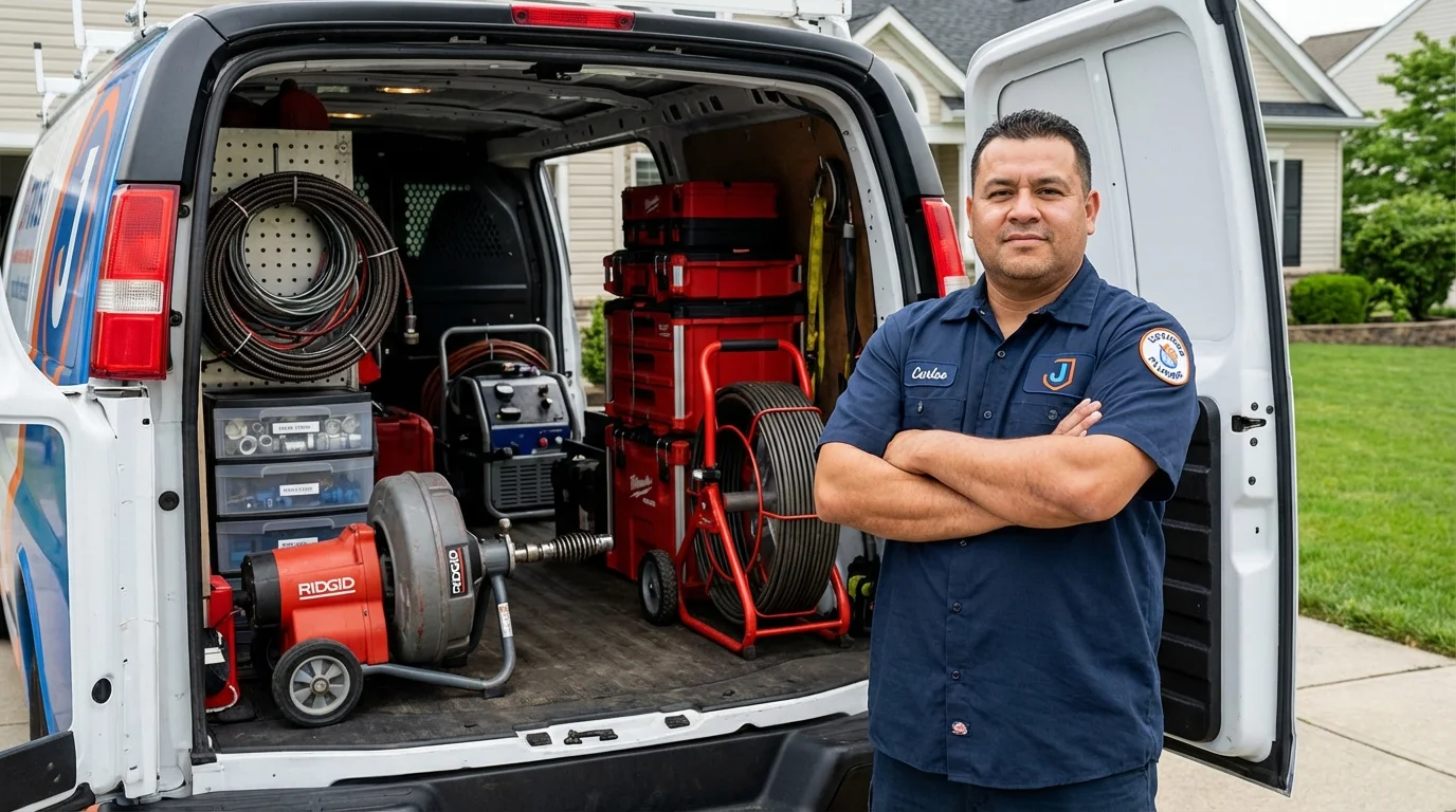 Professional drain cleaning equipment and Johns Plumbing LLC plumber in Harvest