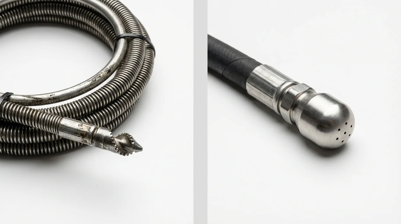 Drain snake cable and hydro jetting nozzle used for drain cleaning in Harvest, AL
