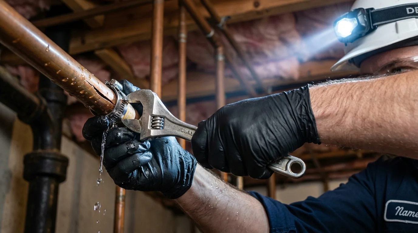 Emergency pipe clamp repair being performed by a Johns Plumbing LLC plumber in Harvest