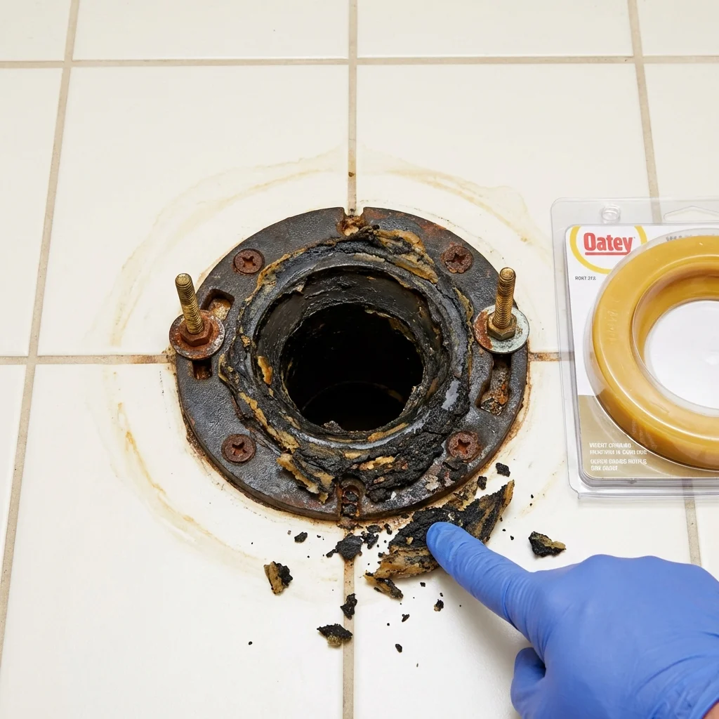 Failed wax ring showing water seepage at the base of a toilet in a Harvest, AL home