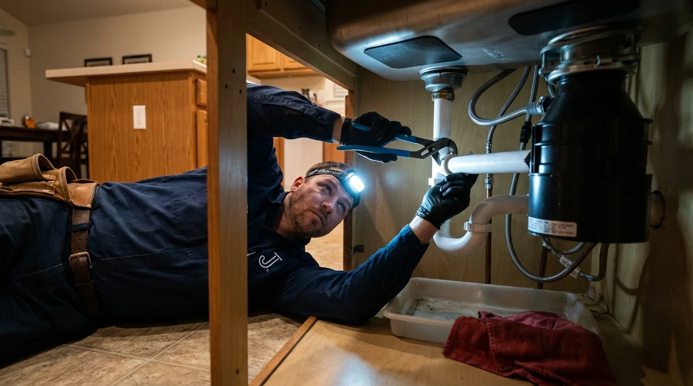 P-trap and supply line connections under a kitchen sink showing a common leak point in Harvest, AL